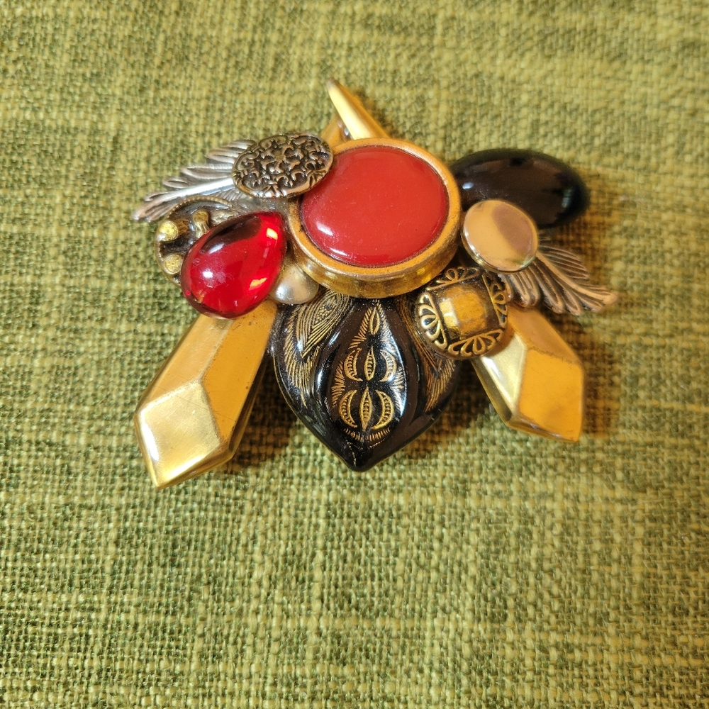Black, Red, And Gold Abstract Brooch